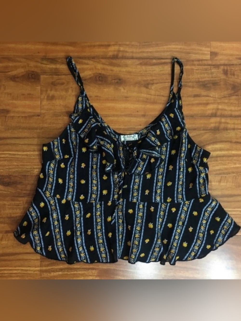 Free People Womens Black Blue Aztec Ruffle Peplum Crop Camisole Size Small Boho